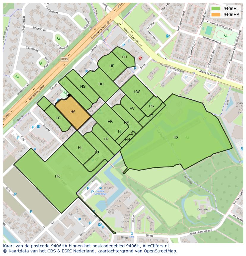 Afbeelding van het postcodegebied 9406 HA op de kaart.