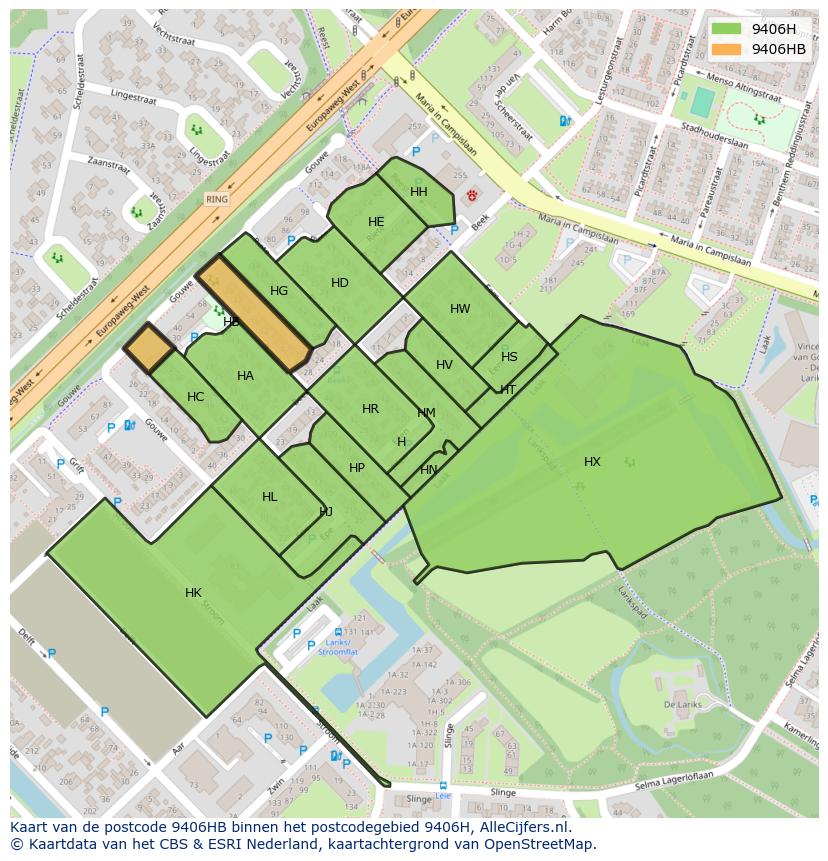 Afbeelding van het postcodegebied 9406 HB op de kaart.