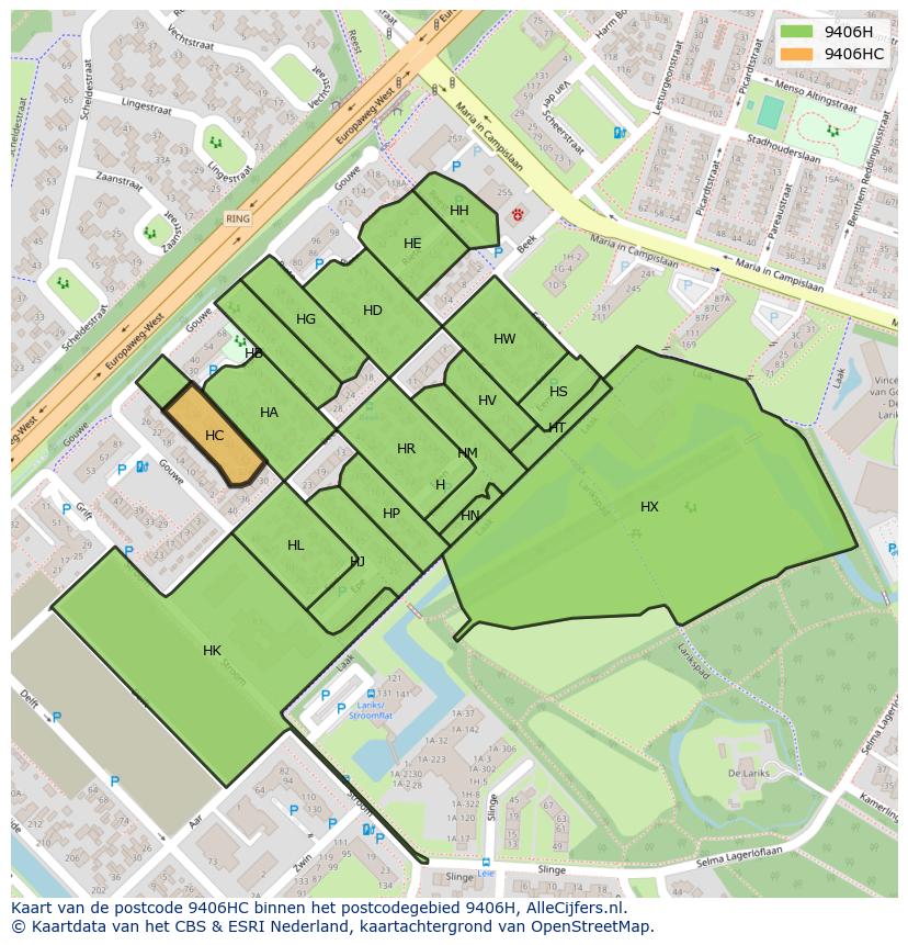 Afbeelding van het postcodegebied 9406 HC op de kaart.