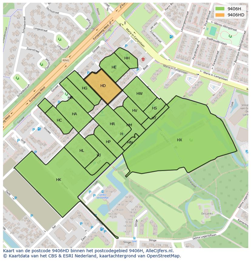 Afbeelding van het postcodegebied 9406 HD op de kaart.