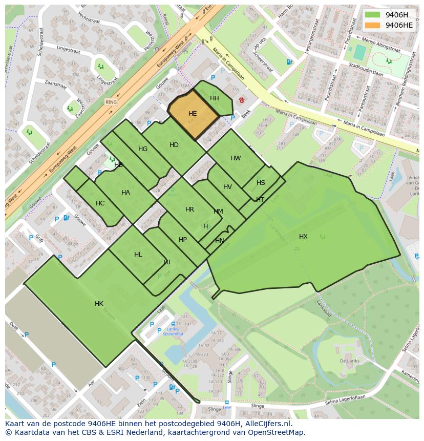 Afbeelding van het postcodegebied 9406 HE op de kaart.