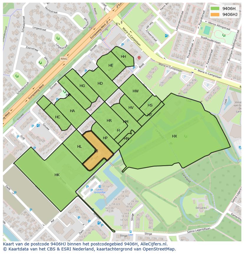 Afbeelding van het postcodegebied 9406 HJ op de kaart.