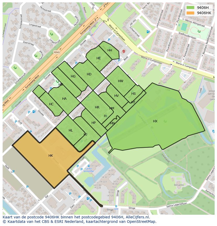 Afbeelding van het postcodegebied 9406 HK op de kaart.