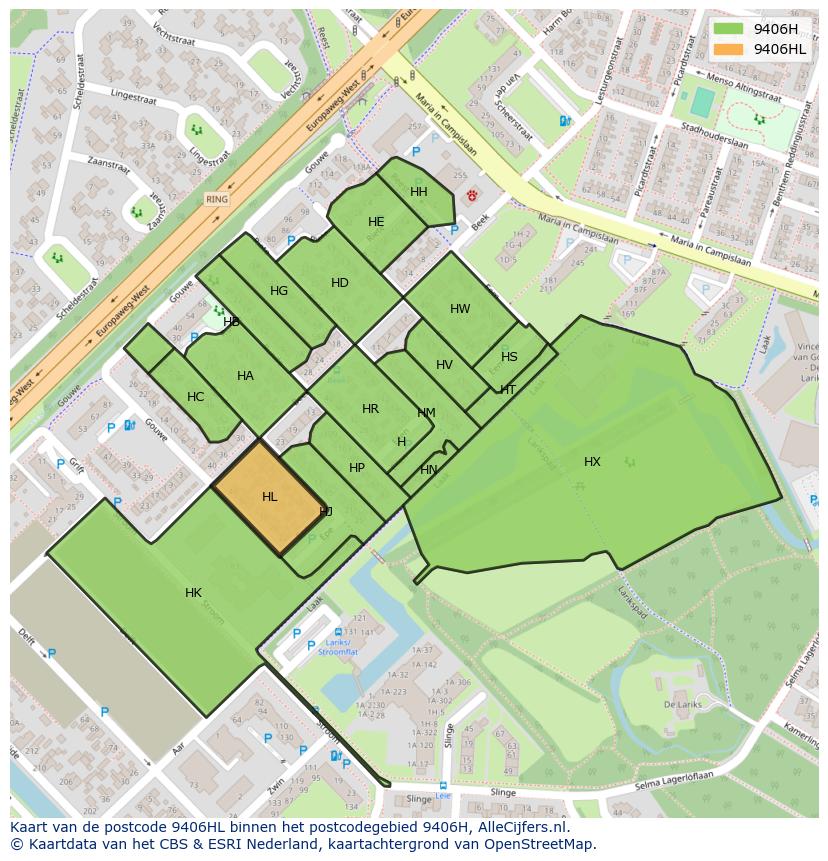 Afbeelding van het postcodegebied 9406 HL op de kaart.