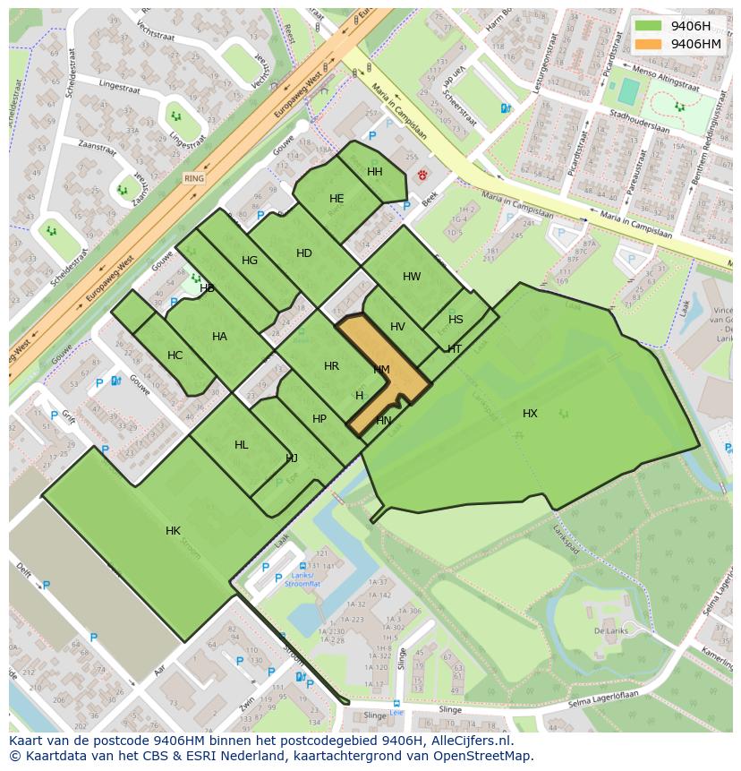 Afbeelding van het postcodegebied 9406 HM op de kaart.