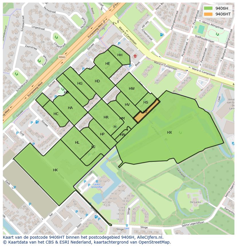 Afbeelding van het postcodegebied 9406 HT op de kaart.