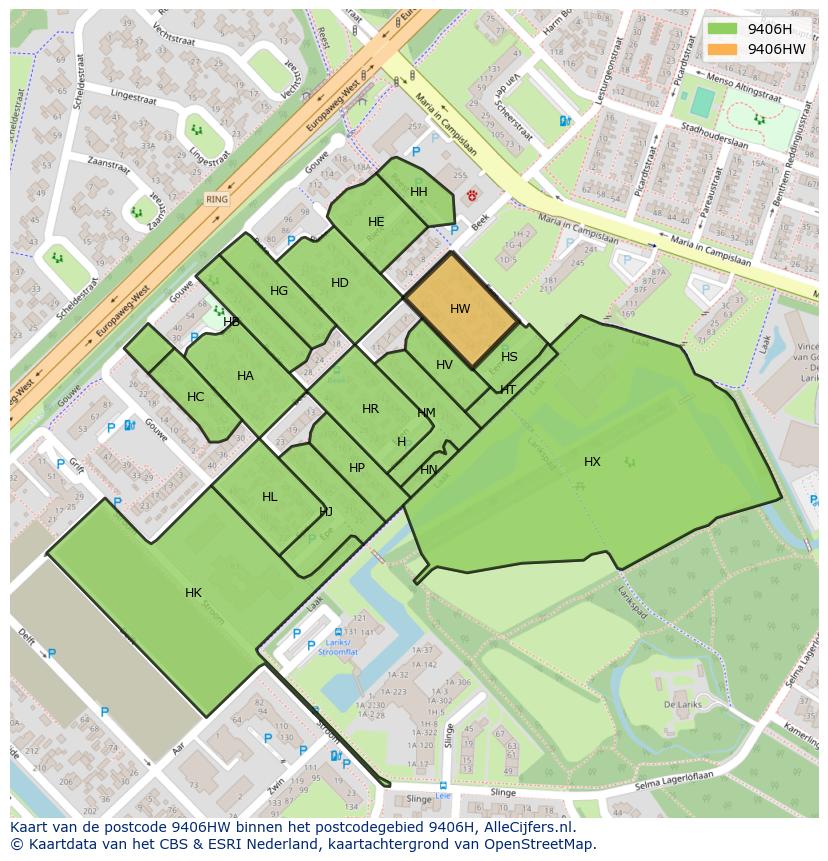 Afbeelding van het postcodegebied 9406 HW op de kaart.
