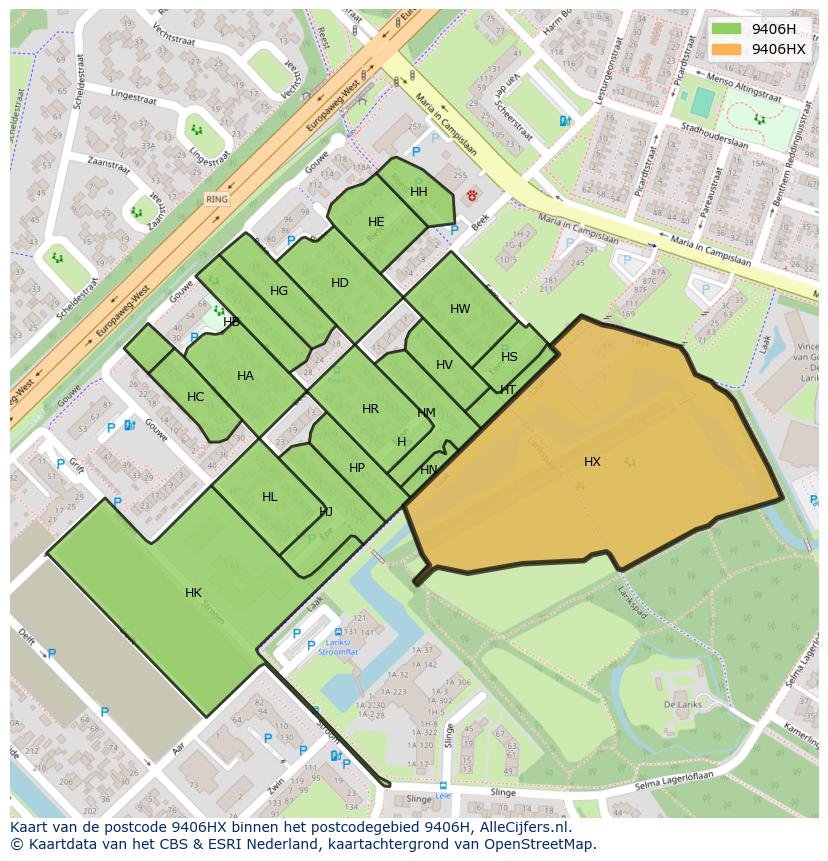 Afbeelding van het postcodegebied 9406 HX op de kaart.