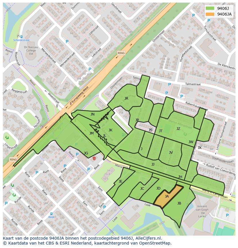 Afbeelding van het postcodegebied 9406 JA op de kaart.