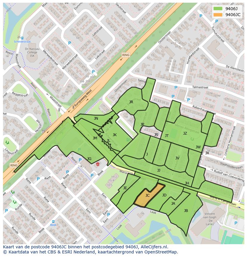 Afbeelding van het postcodegebied 9406 JC op de kaart.