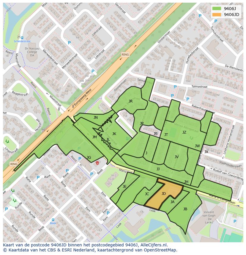 Afbeelding van het postcodegebied 9406 JD op de kaart.