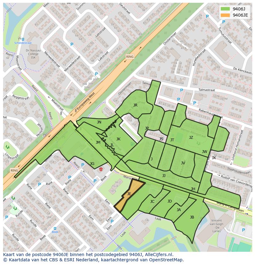 Afbeelding van het postcodegebied 9406 JE op de kaart.