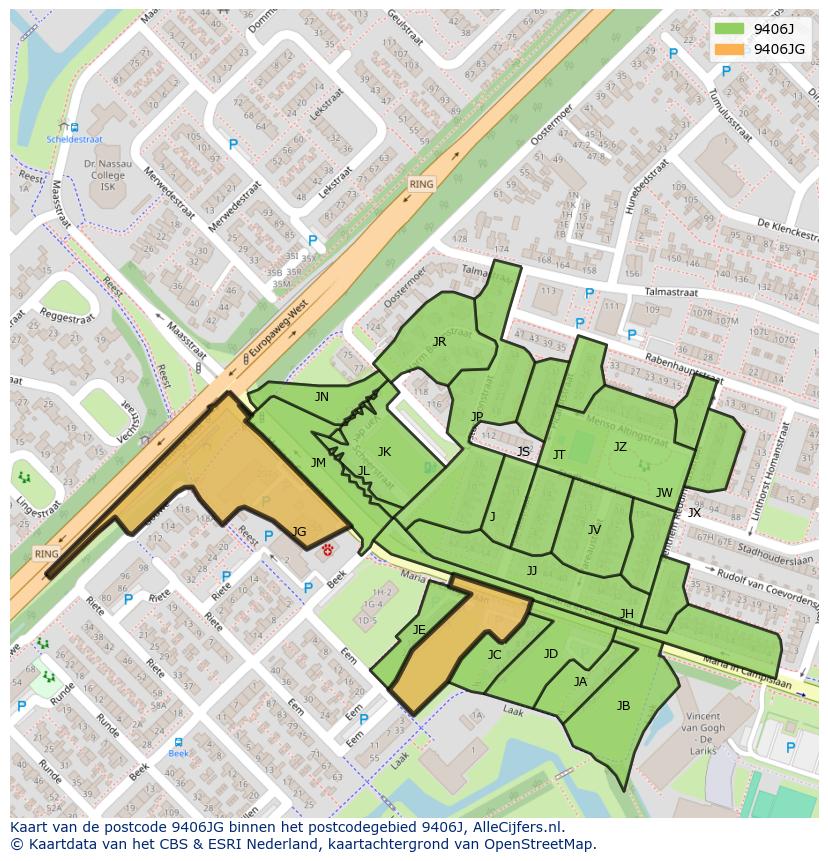 Afbeelding van het postcodegebied 9406 JG op de kaart.