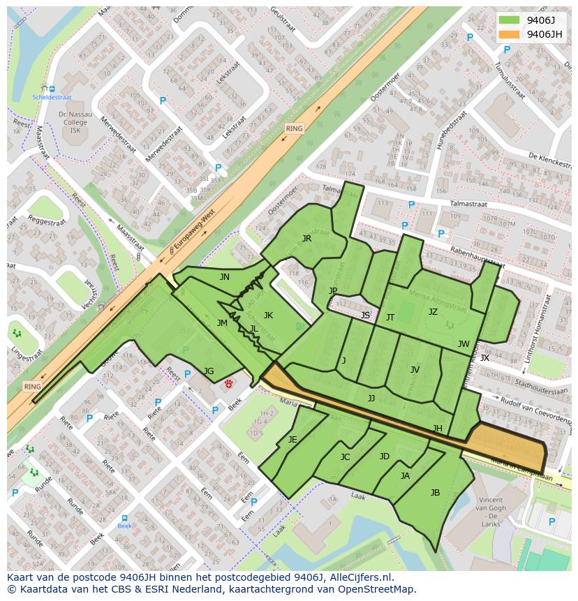 Afbeelding van het postcodegebied 9406 JH op de kaart.