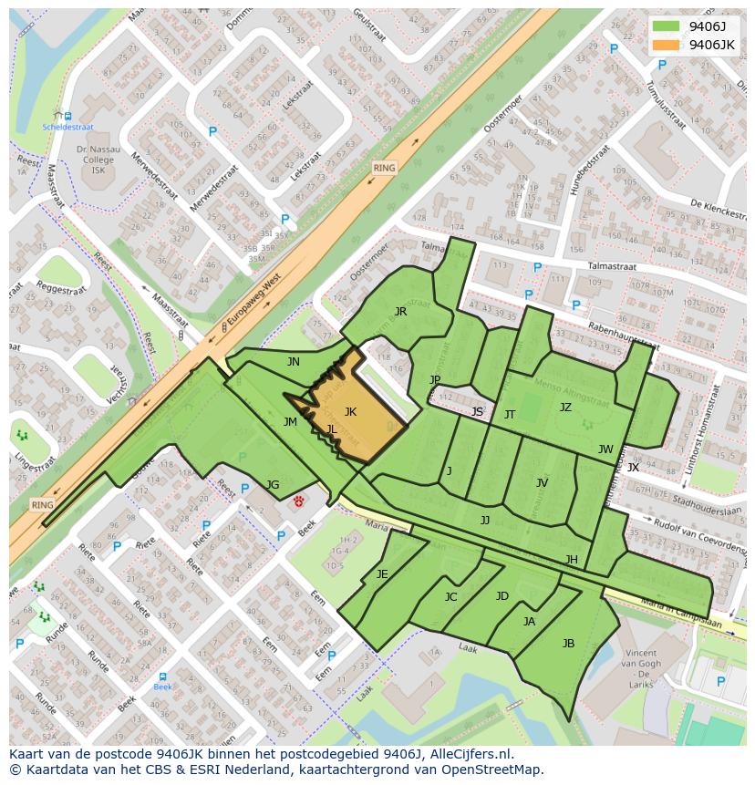 Afbeelding van het postcodegebied 9406 JK op de kaart.