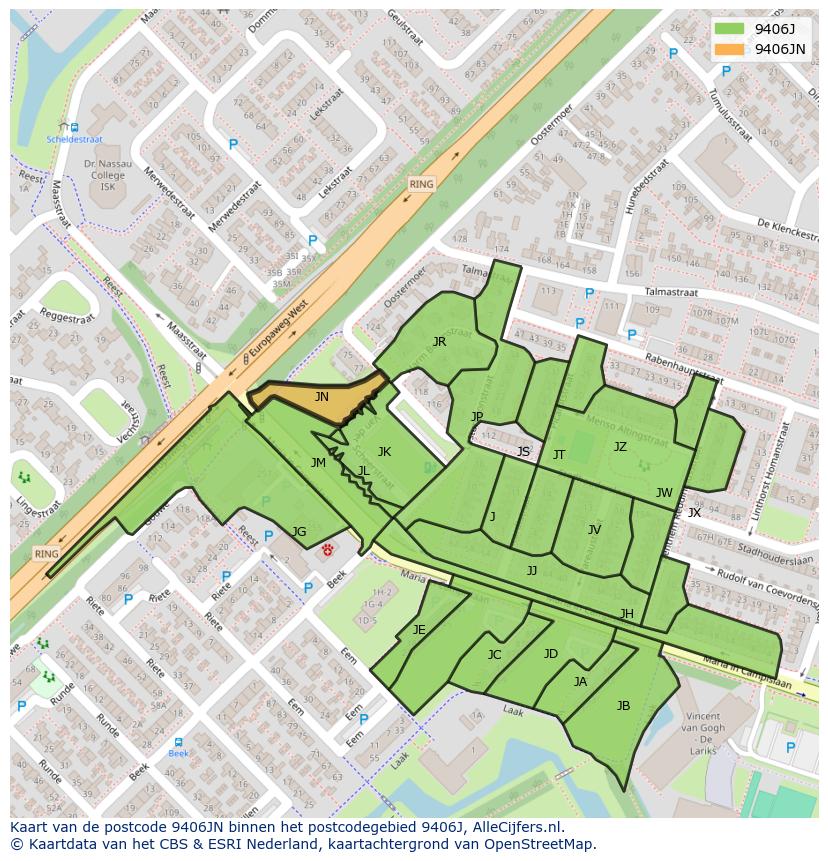 Afbeelding van het postcodegebied 9406 JN op de kaart.