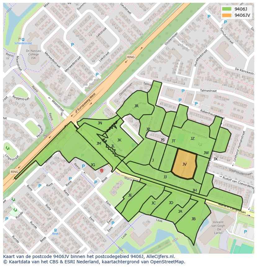 Afbeelding van het postcodegebied 9406 JV op de kaart.