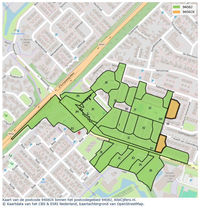 Afbeelding van het postcodegebied 9406 JX op de kaart.