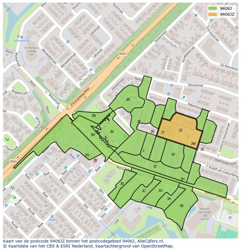 Afbeelding van het postcodegebied 9406 JZ op de kaart.