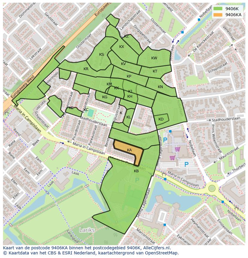 Afbeelding van het postcodegebied 9406 KA op de kaart.
