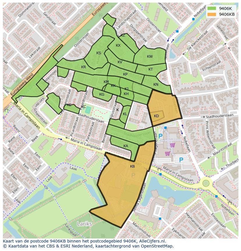 Afbeelding van het postcodegebied 9406 KB op de kaart.