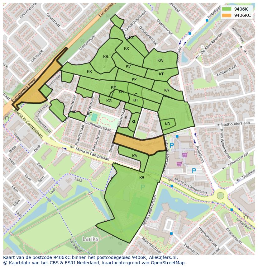 Afbeelding van het postcodegebied 9406 KC op de kaart.