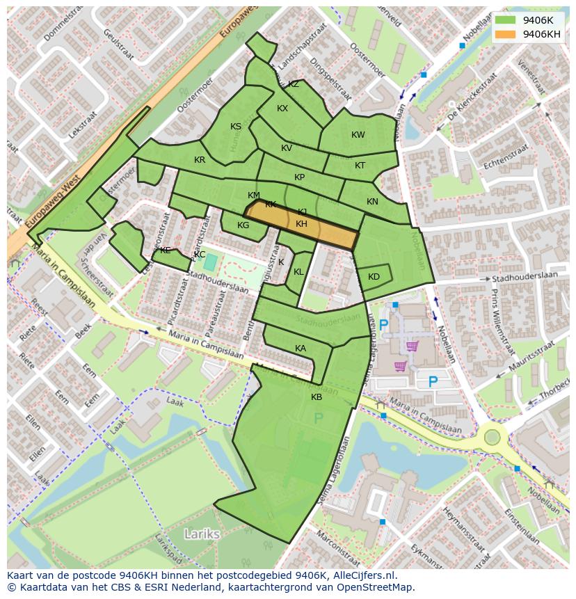 Afbeelding van het postcodegebied 9406 KH op de kaart.