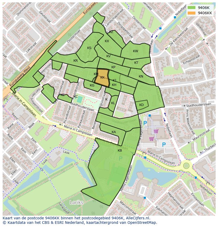 Afbeelding van het postcodegebied 9406 KK op de kaart.