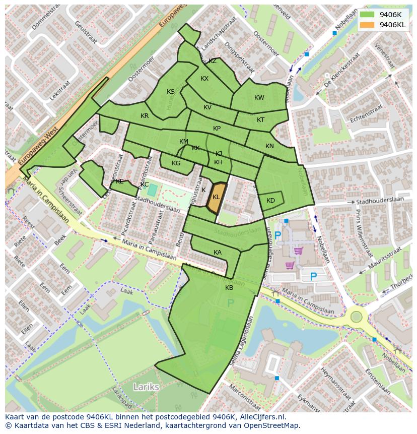 Afbeelding van het postcodegebied 9406 KL op de kaart.