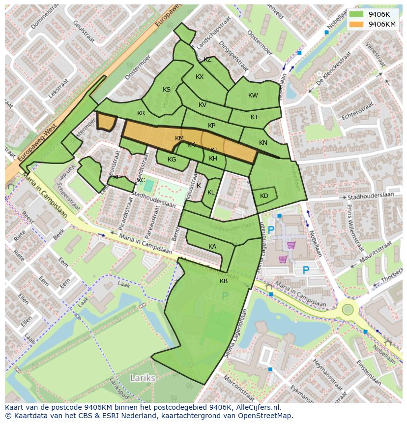 Afbeelding van het postcodegebied 9406 KM op de kaart.