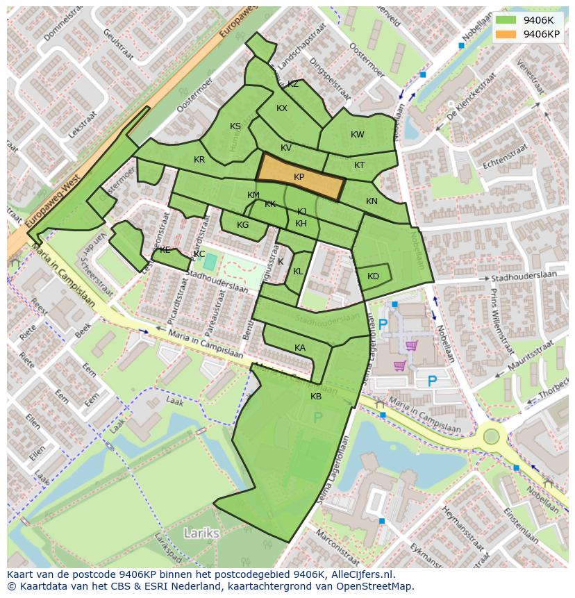 Afbeelding van het postcodegebied 9406 KP op de kaart.