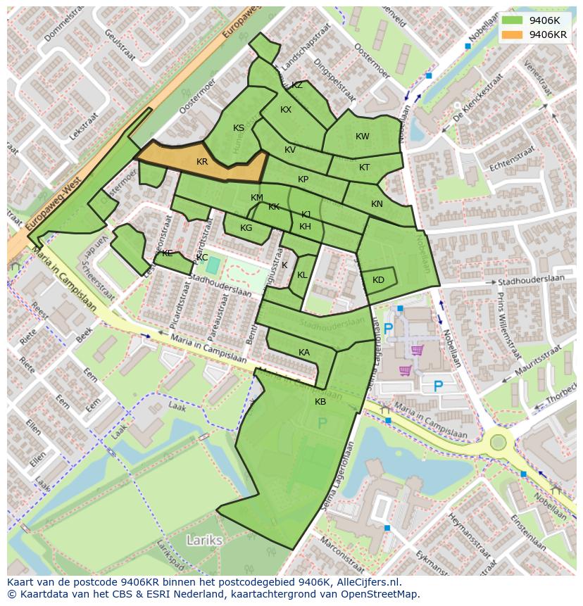 Afbeelding van het postcodegebied 9406 KR op de kaart.