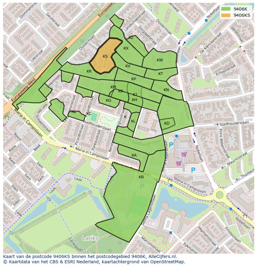 Afbeelding van het postcodegebied 9406 KS op de kaart.