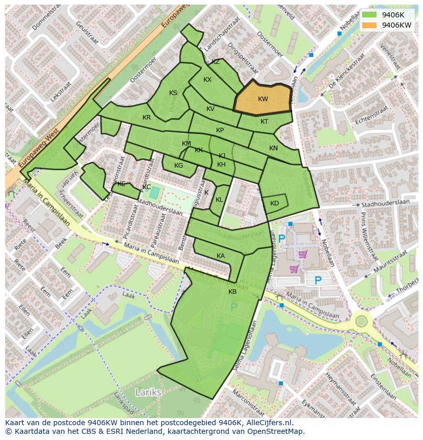 Afbeelding van het postcodegebied 9406 KW op de kaart.