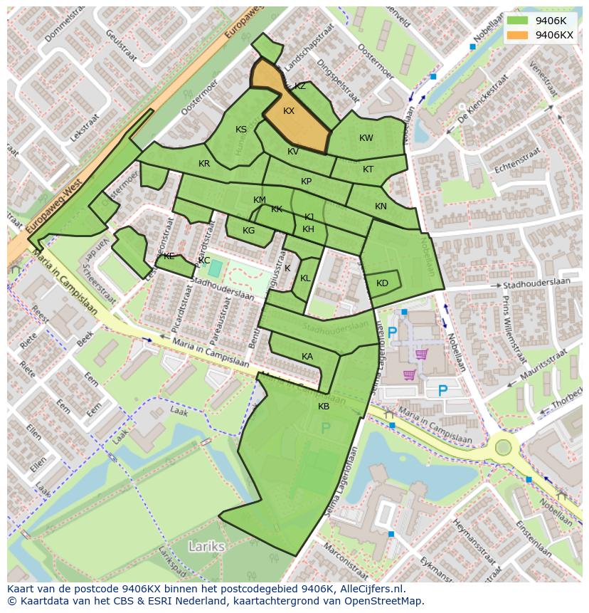 Afbeelding van het postcodegebied 9406 KX op de kaart.