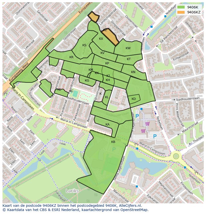 Afbeelding van het postcodegebied 9406 KZ op de kaart.