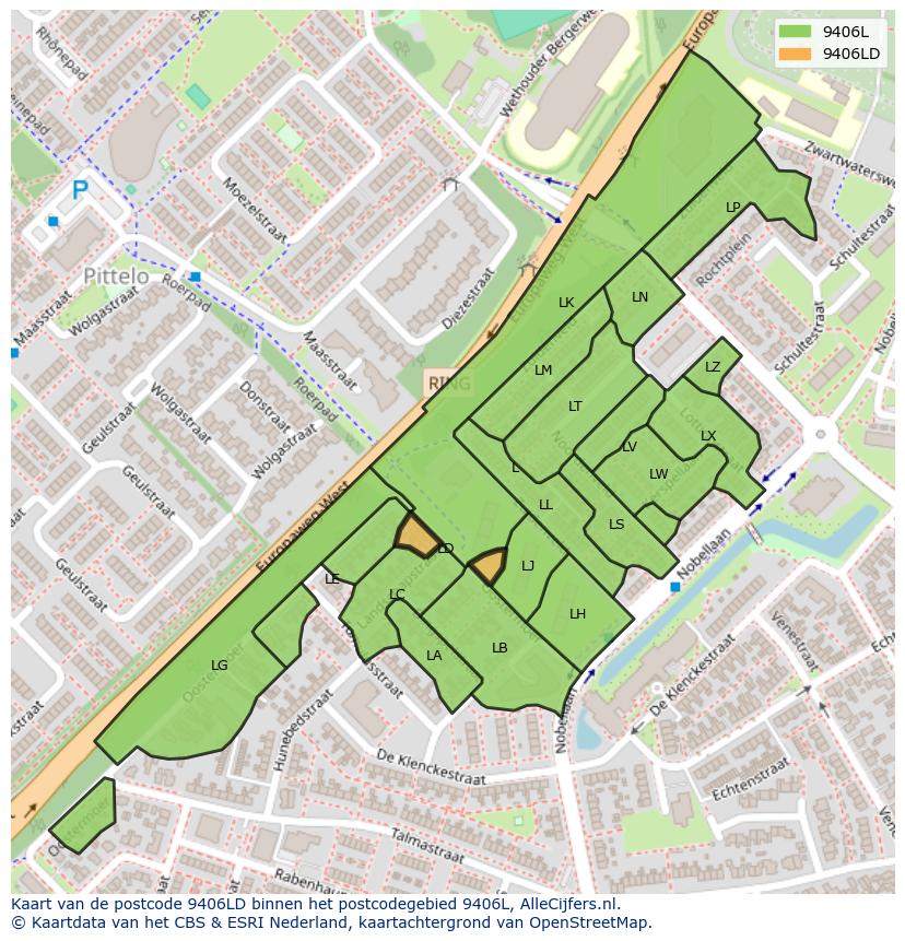Afbeelding van het postcodegebied 9406 LD op de kaart.