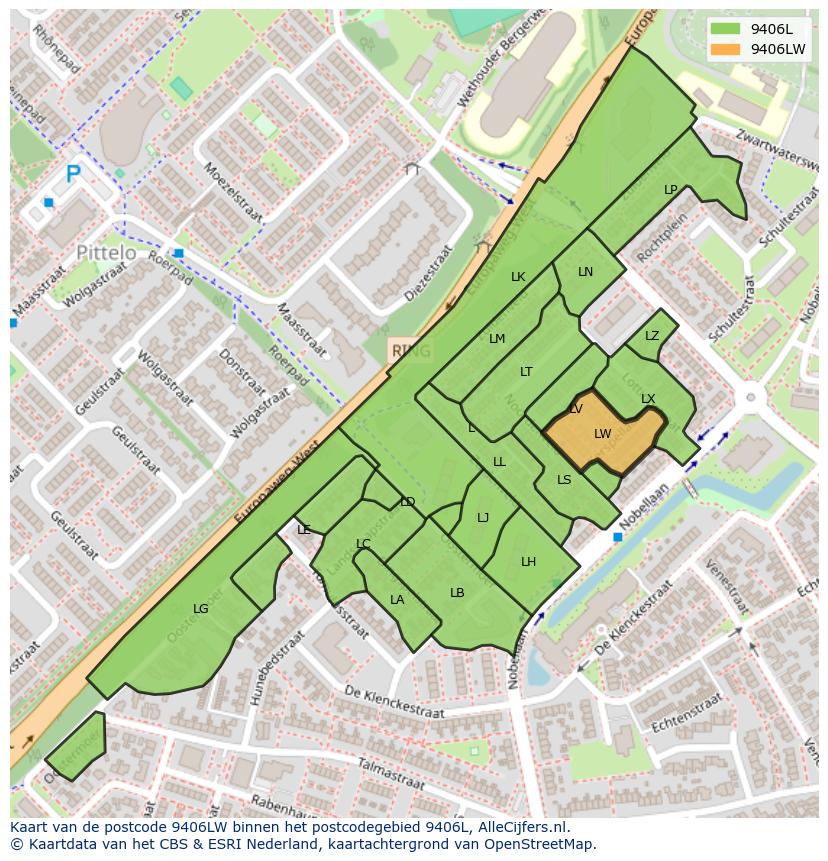 Afbeelding van het postcodegebied 9406 LW op de kaart.