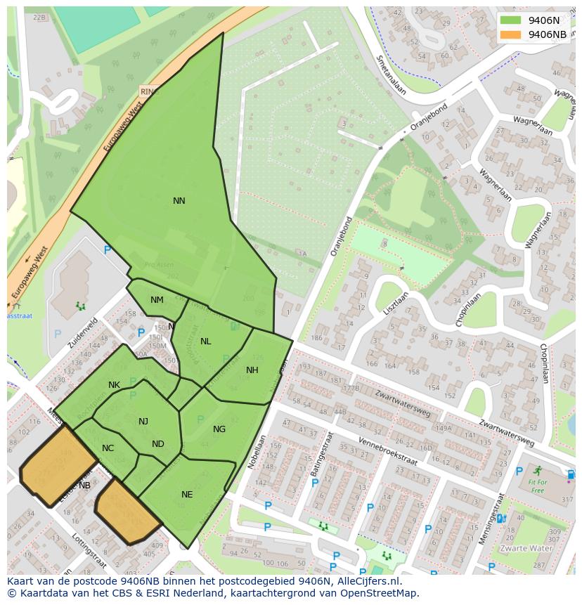 Afbeelding van het postcodegebied 9406 NB op de kaart.