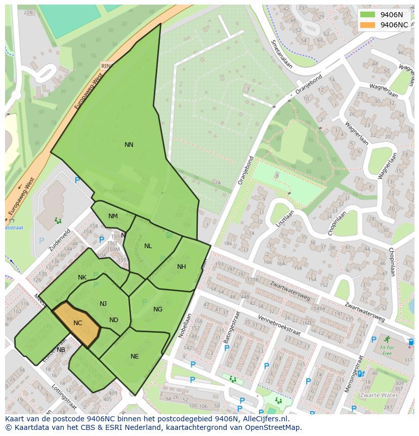 Afbeelding van het postcodegebied 9406 NC op de kaart.