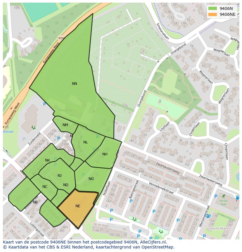 Afbeelding van het postcodegebied 9406 NE op de kaart.