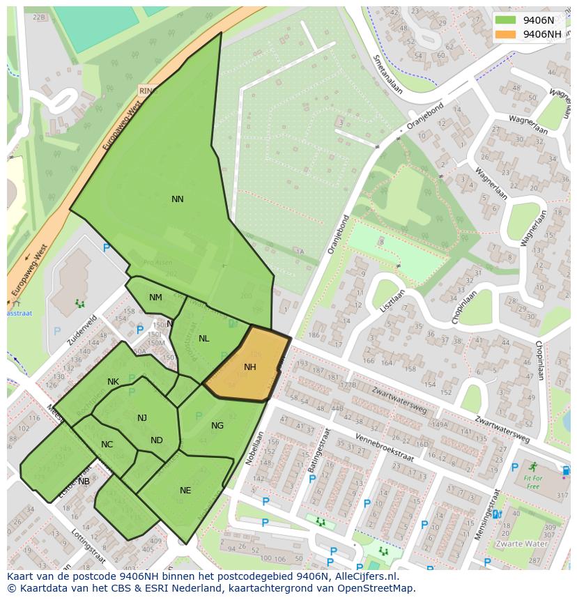 Afbeelding van het postcodegebied 9406 NH op de kaart.