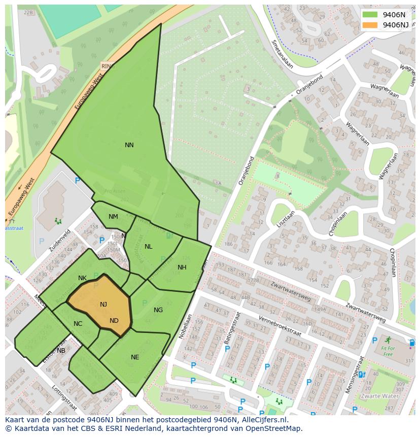 Afbeelding van het postcodegebied 9406 NJ op de kaart.