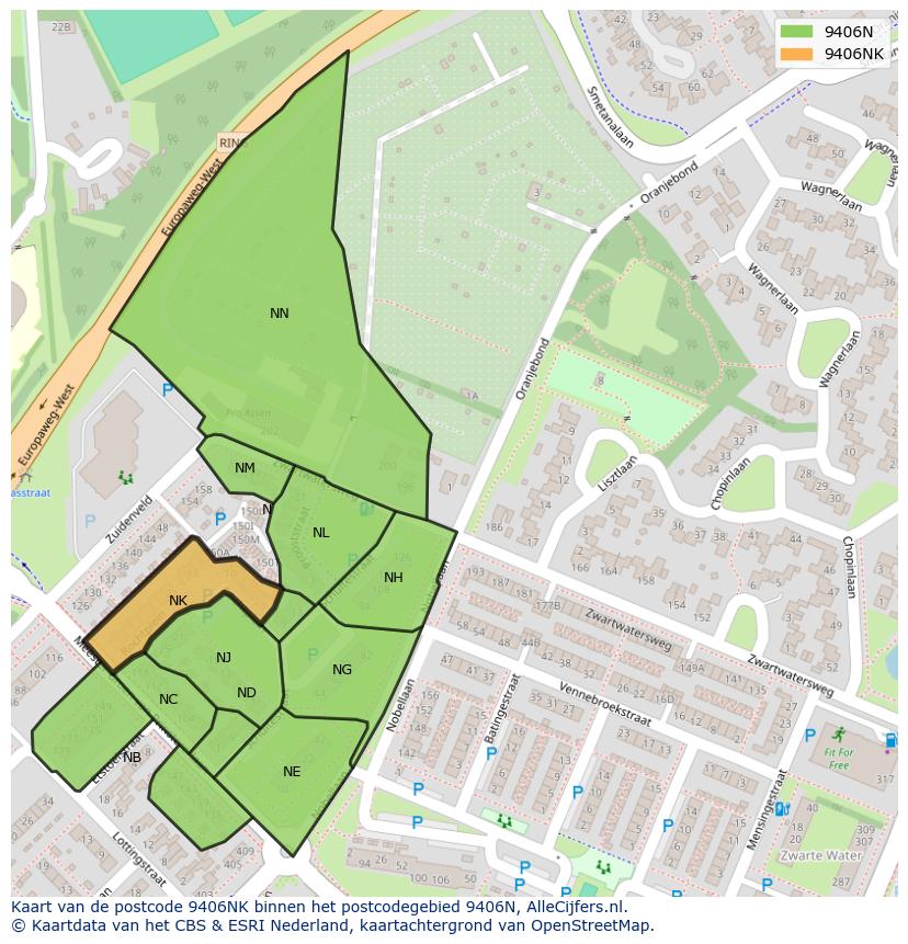 Afbeelding van het postcodegebied 9406 NK op de kaart.