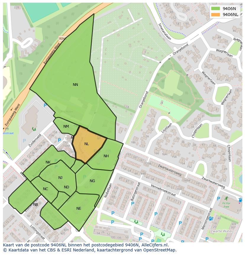 Afbeelding van het postcodegebied 9406 NL op de kaart.