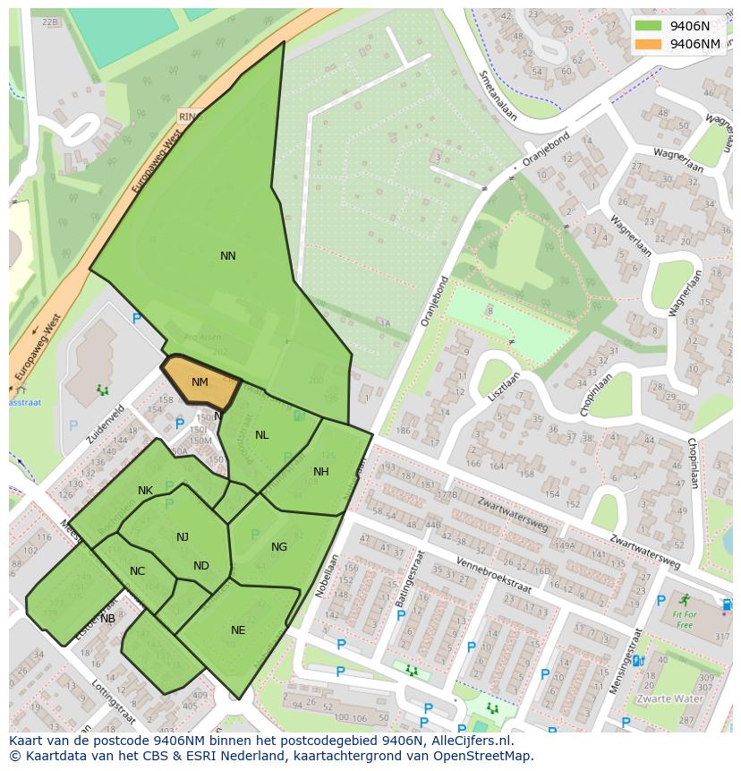 Afbeelding van het postcodegebied 9406 NM op de kaart.