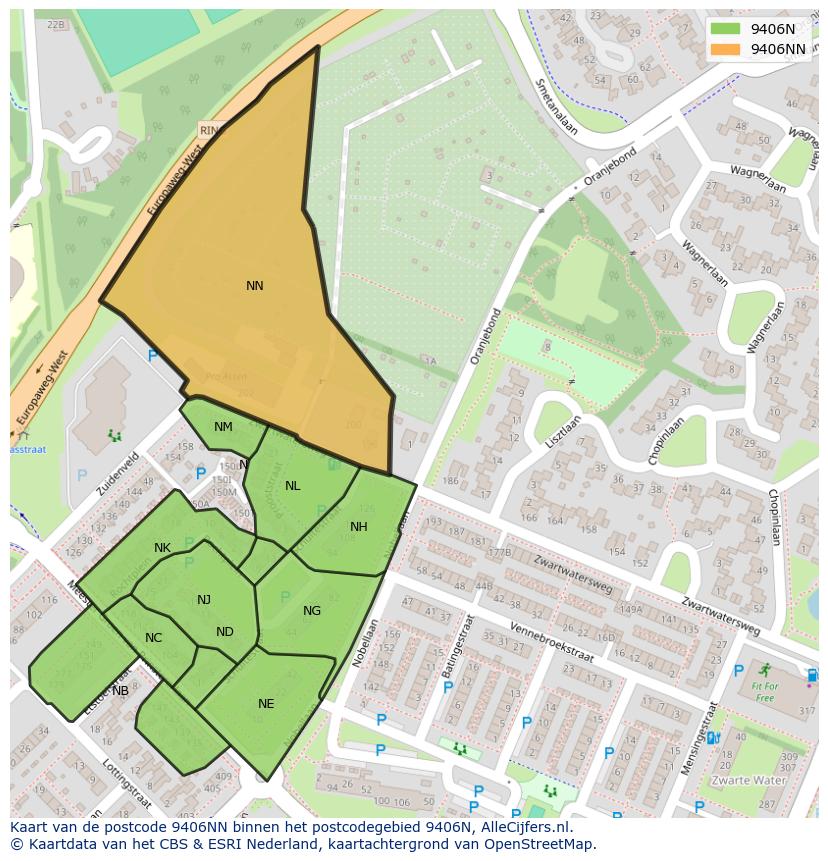 Afbeelding van het postcodegebied 9406 NN op de kaart.