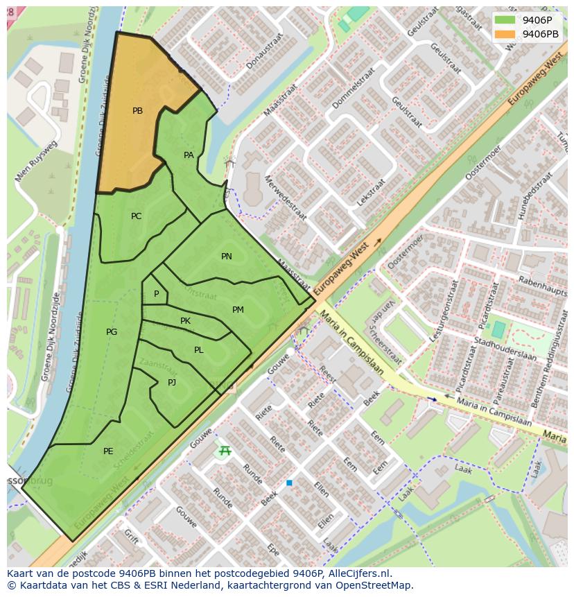 Afbeelding van het postcodegebied 9406 PB op de kaart.