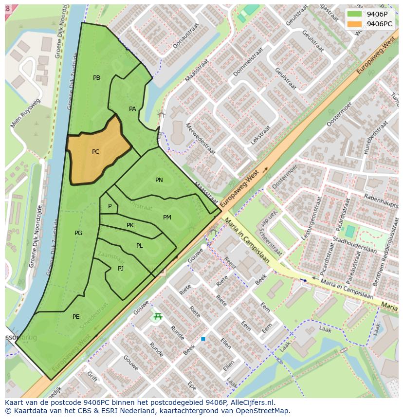 Afbeelding van het postcodegebied 9406 PC op de kaart.
