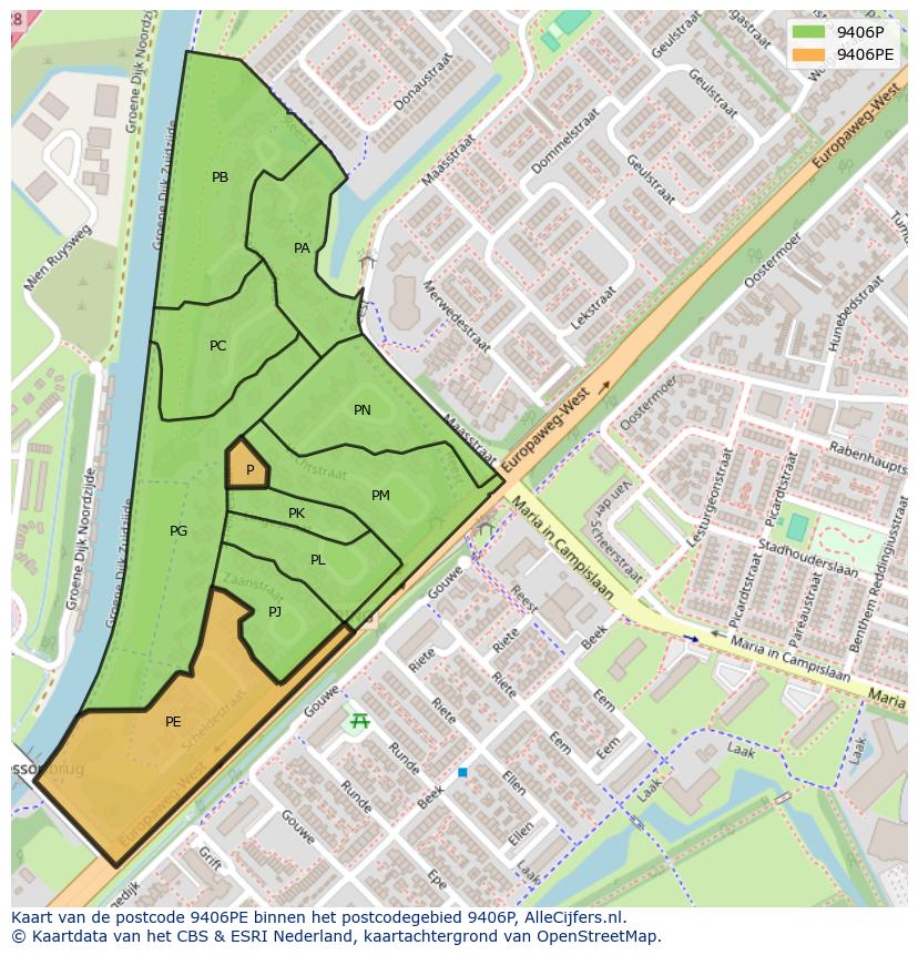 Afbeelding van het postcodegebied 9406 PE op de kaart.